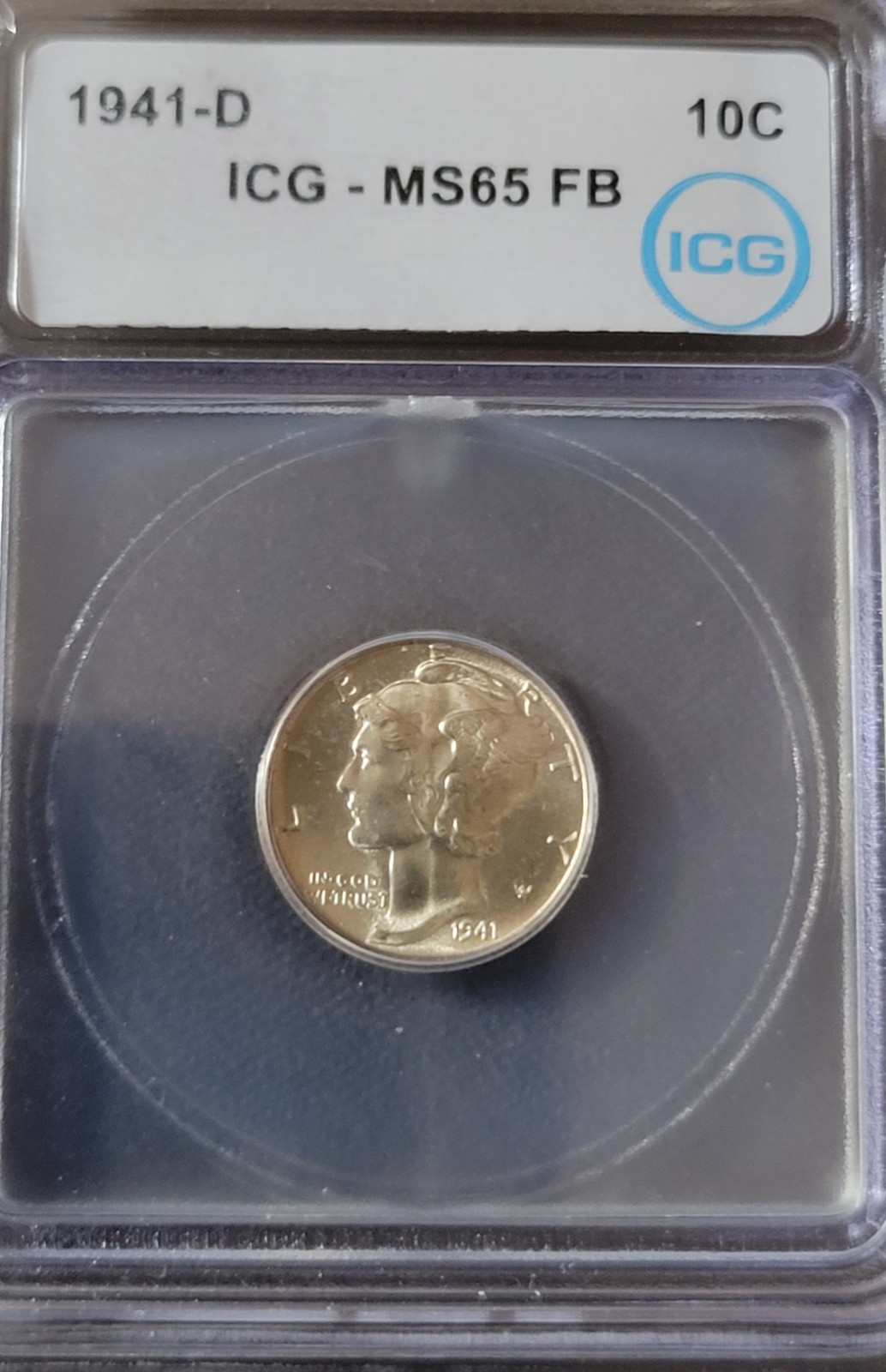 1941-D Mercury Dime graded MS65FB by ICG. White coin!!! Pretty! Full Bands!