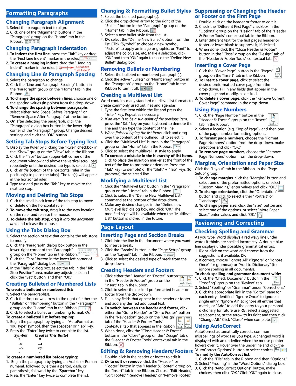 Word 2019 Training Guide Quick Reference Card 4 Page Cheat Sheet Instructions