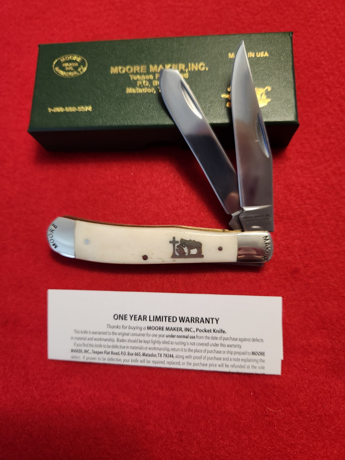 Moore Maker Matador, Texas 5202PC Praying Cowboy Trapper Knife WHITE  Bone 2024