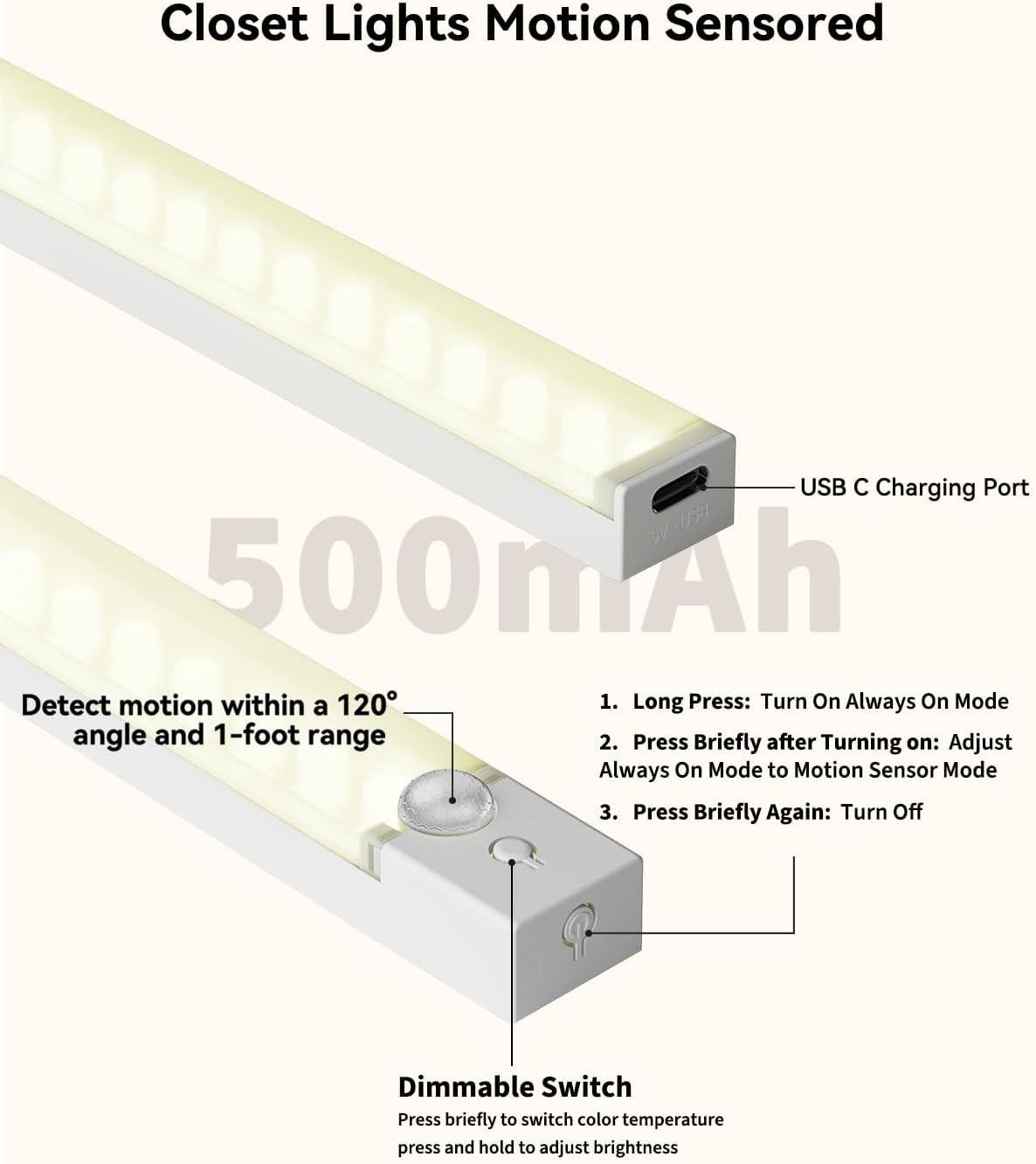 3-Pack Motion Sensor Under Cabinet Lights Rechargeable 3 Colors Dimmable LED Bar