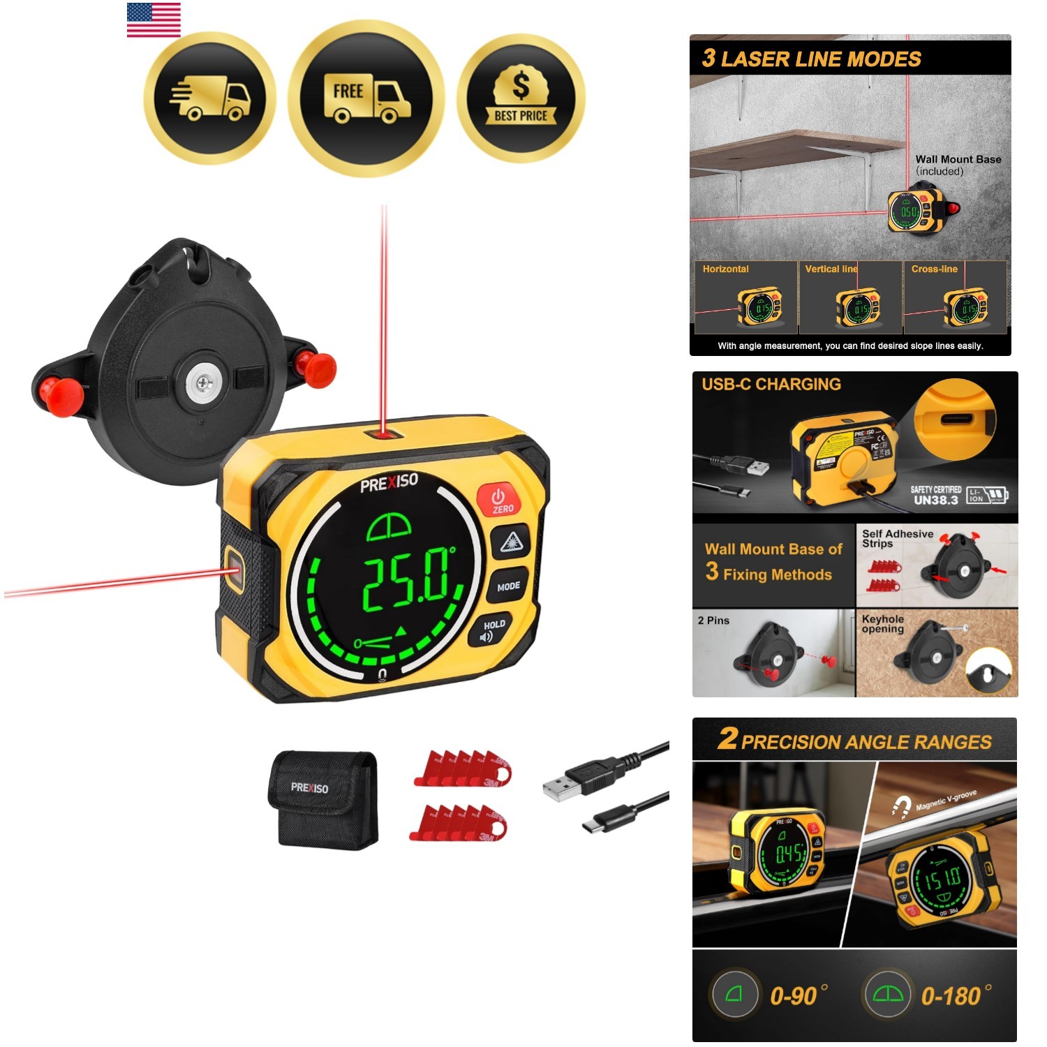 Digital Level Angle Gauge Laser Magnetic Pro 3-in-1 Measuring Tool