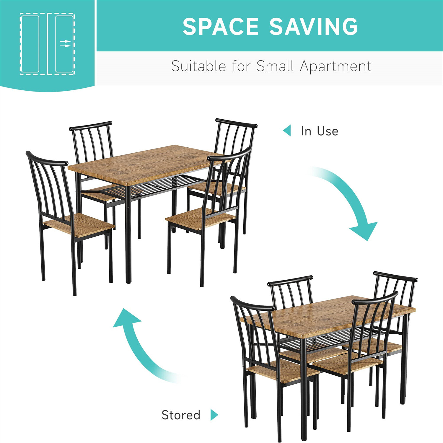 5 Piece Dining Table Set for 4 Kitchen Table and Chairs with Storage Rack Wood