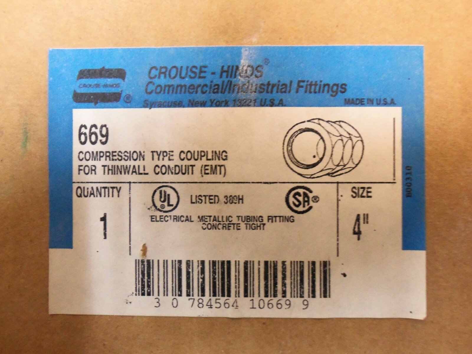 NEW COOPER CROUSE HINDS 669 4" COMPRESSION COUPLING FOR THINWALL CONDUIT "AK"