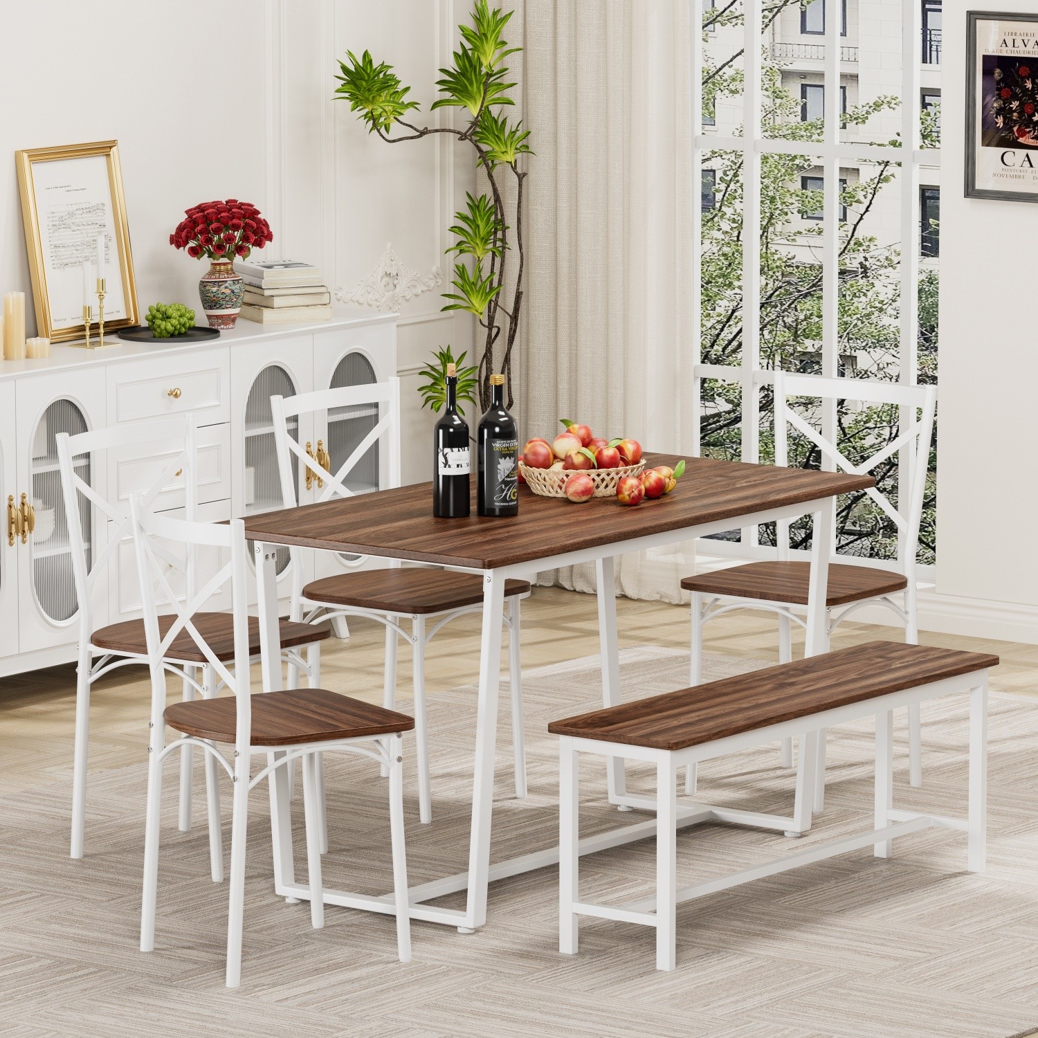 Modern 6-Piece Metal Frame Dining Set with Bench & Wood Kitchen Table & 4 Chair