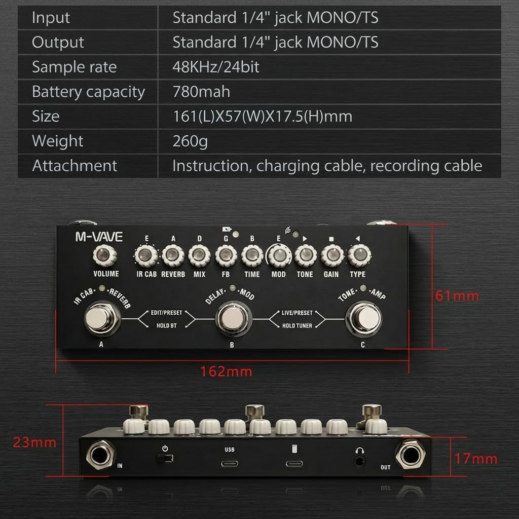 Multi Effects Guitar Pedal Portable Electric Guitar Processor with 9 AMP Models,