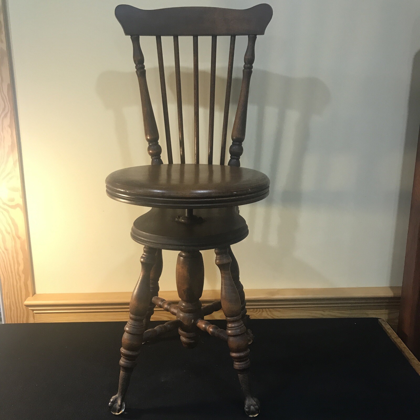 Antique Chas Parker High Back Adjustable Piano Organ Stool Glass Ball Claw Feet
