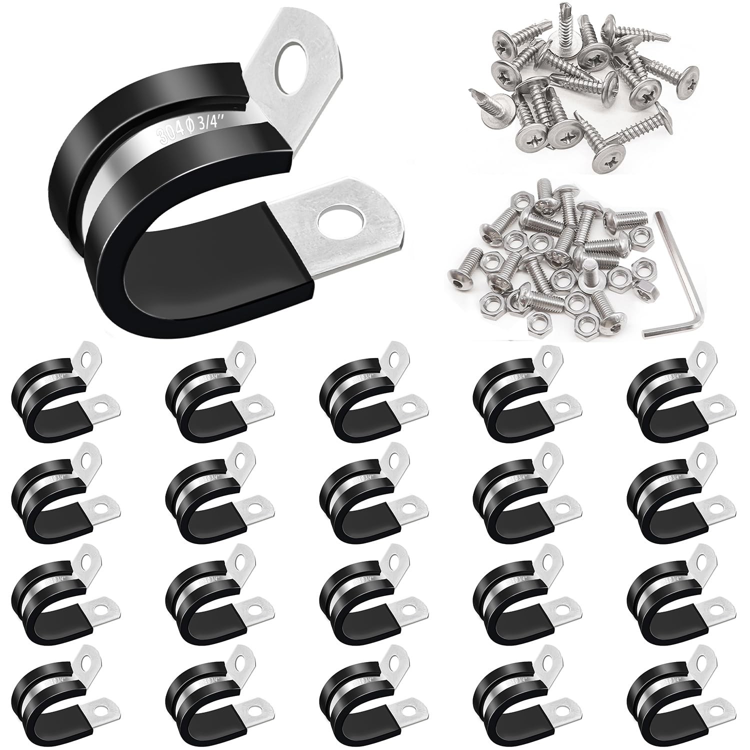 40PCS 3/4 Inch Cable Clamps 304 Stainless Steel Rubber Cushion Insulated Wire