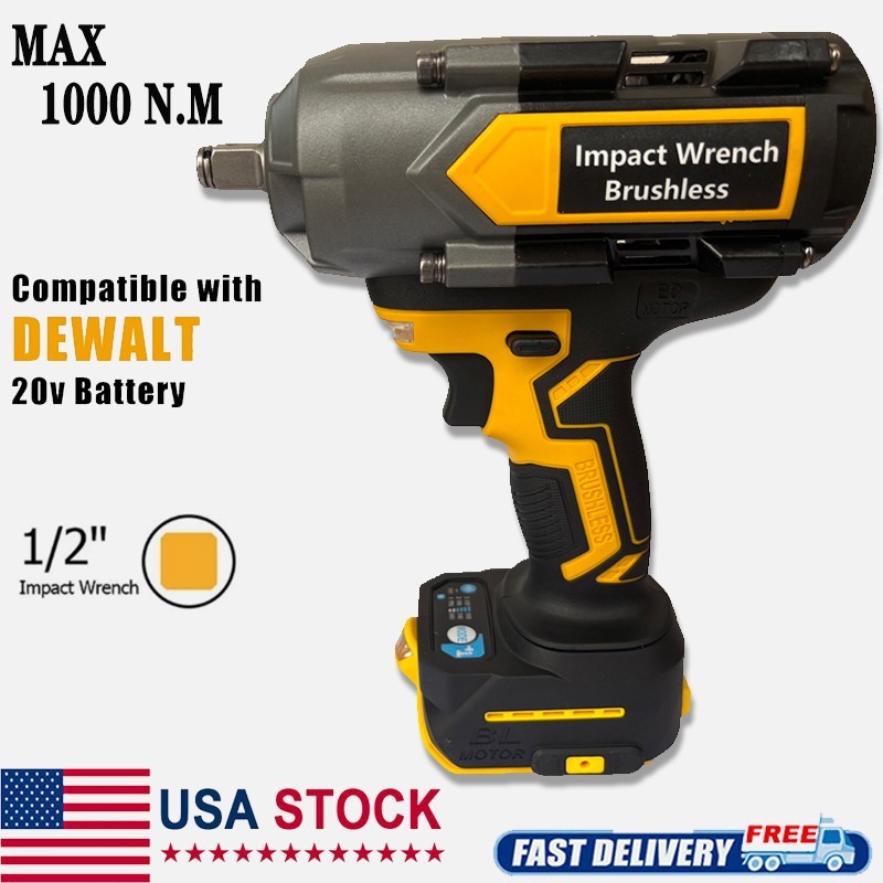 1000NM Cordless Impact Wrench for DeWalt 20V Battery 1/2" High Torque Impact Gun