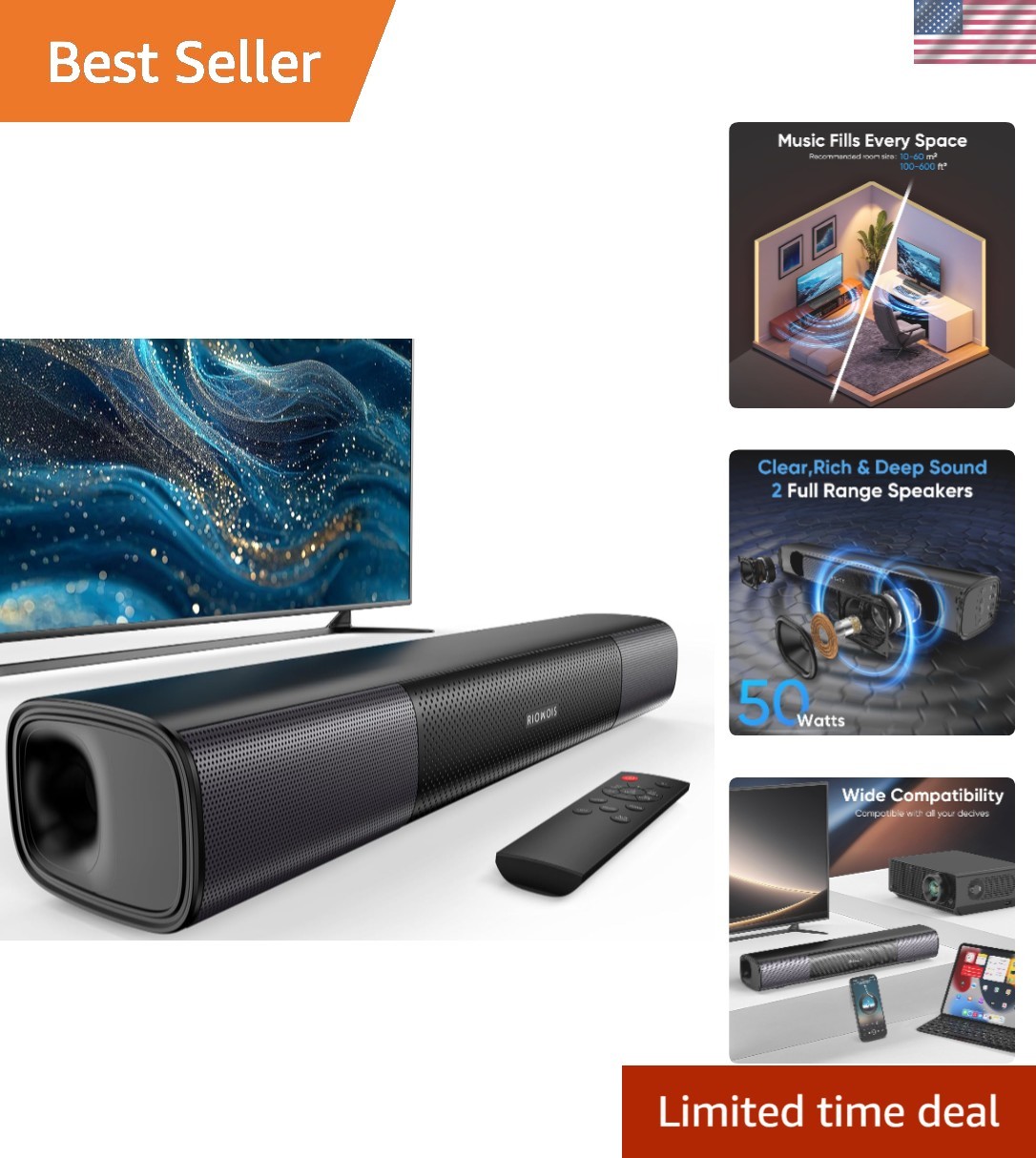 Crisp Vocals & Bass-Heavy 17-Inch Soundbar for TV and Gaming - Wall Mountable