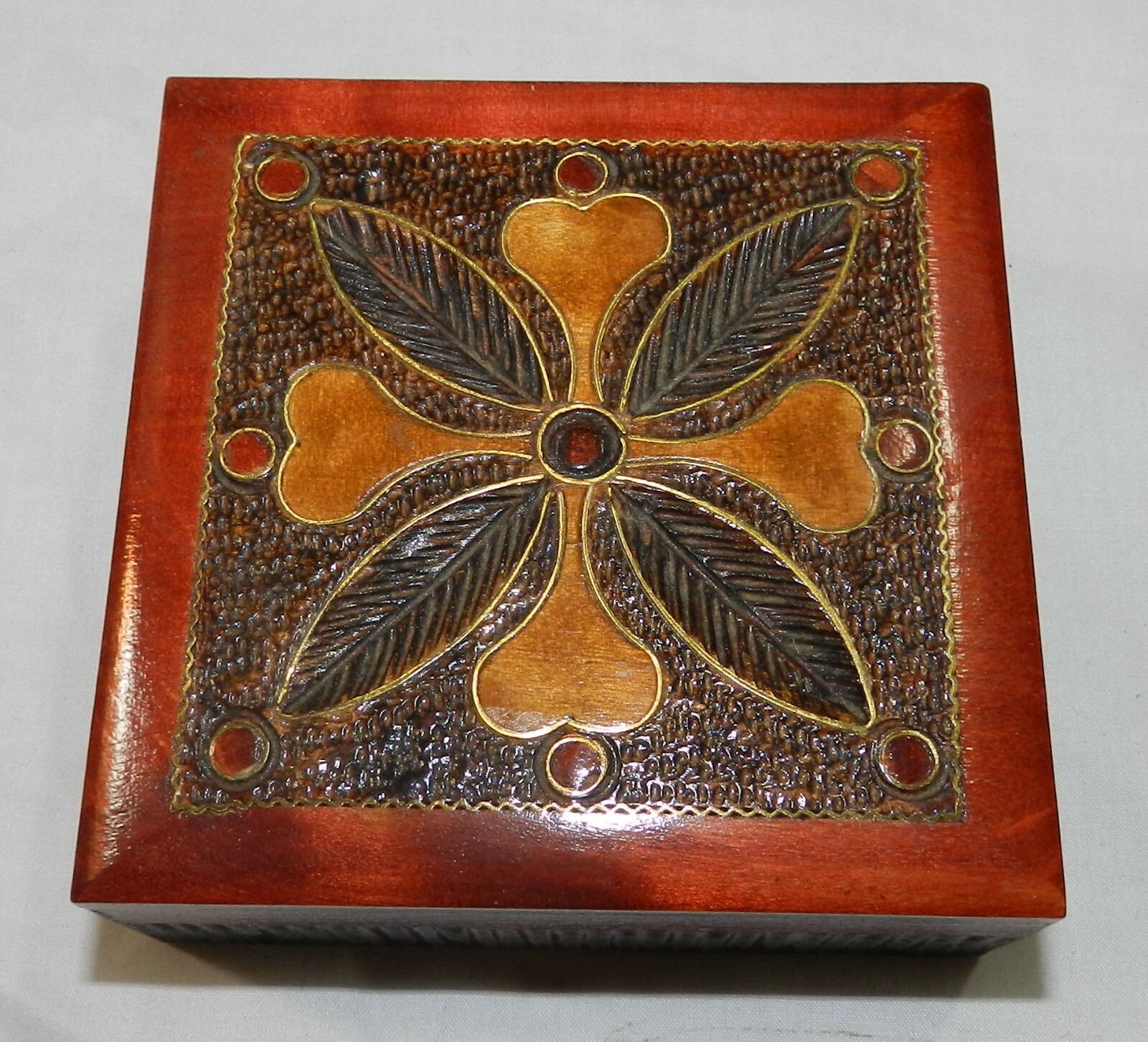 Vintage Wood Trinket Box - Hand Decorated - Leaf Pattern - 4" X 4"