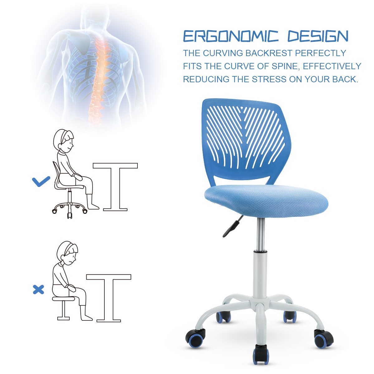Office Task Desk Armless Chair Adjustable Mid Back Swivel Study Chair Blue