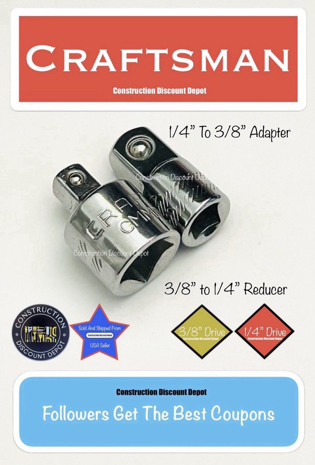 Set of 2 CRAFTSMAN 3/8" To 1/4" & 1/4" to 3/8" Drive Socket Adapter And Reducer
