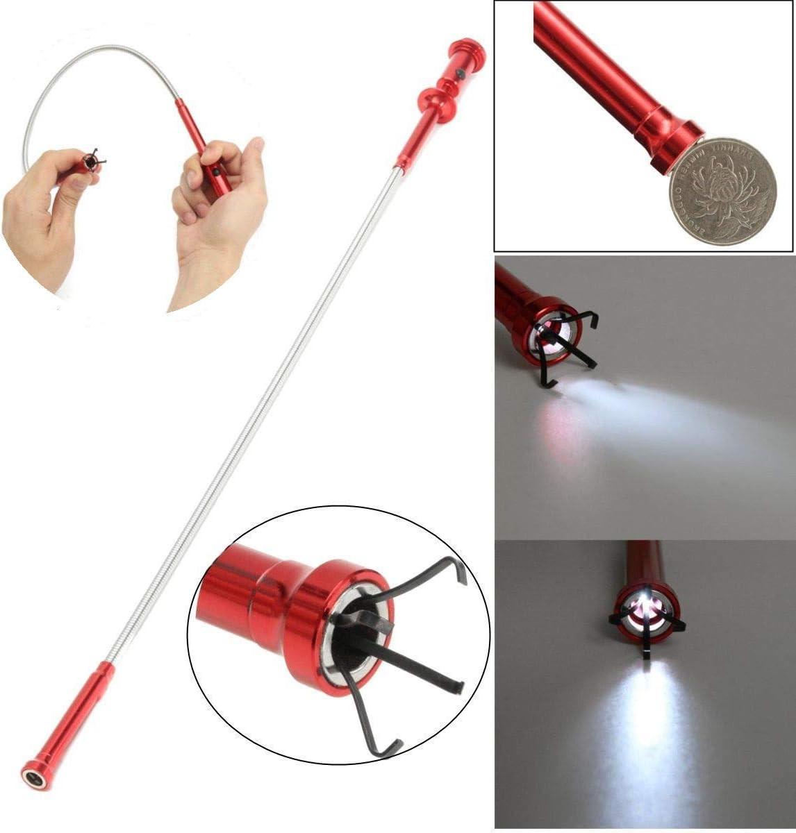 Claw Magnetic Pick-Up Tool 4 Claws with Bright LED Light Flexible Spring Magnet