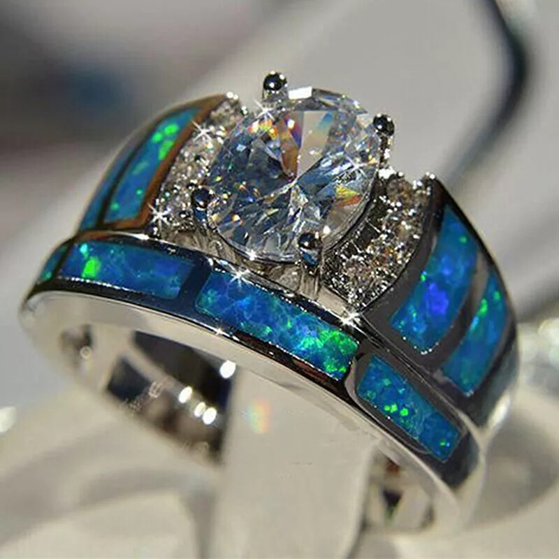 2pcs/set 925 Silver Plated Ring Women Simulated Cubic Zircon Jewelry Sz 6-10
