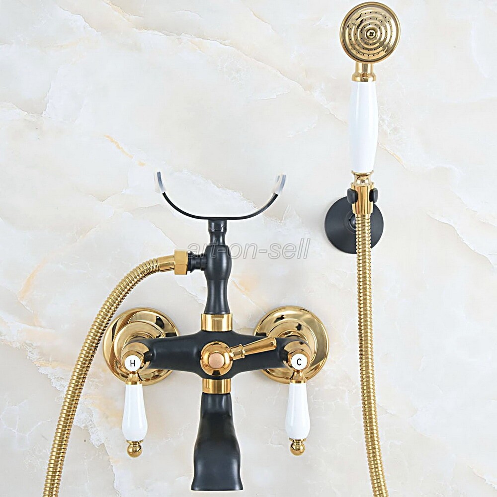 Black & Gold Brass Wall Mount Clawfoot Bath Tub Filler Faucet w/ Hand shower
