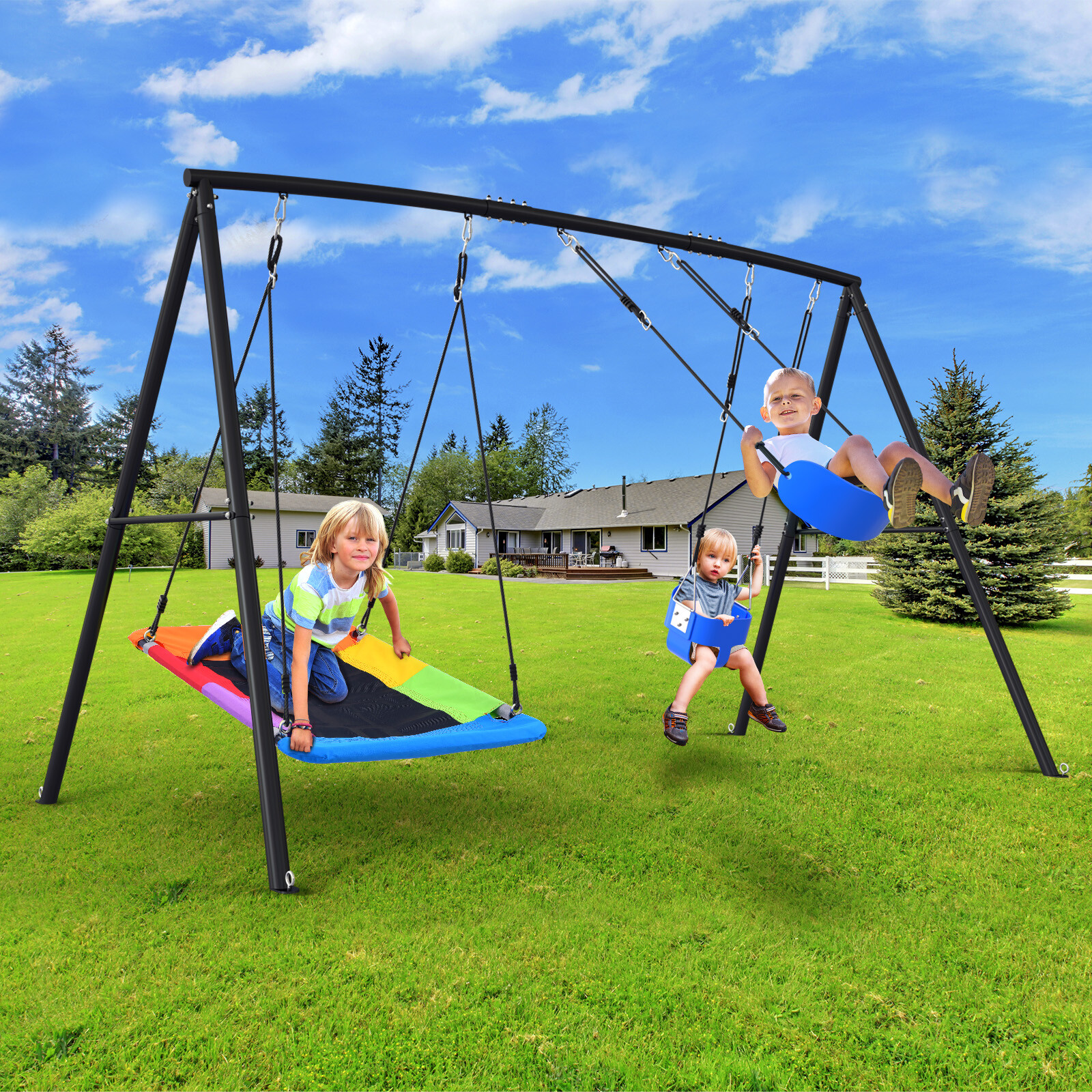Metal Swing Set Kids Playground Heavy Duty Playset with 3 Swings & Swing A-Frame