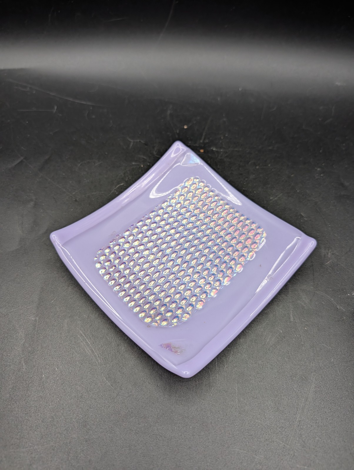 Fused Art Glass Lavender Purple Dichroic Iridescent Glass 5" Square Trinket Dish
