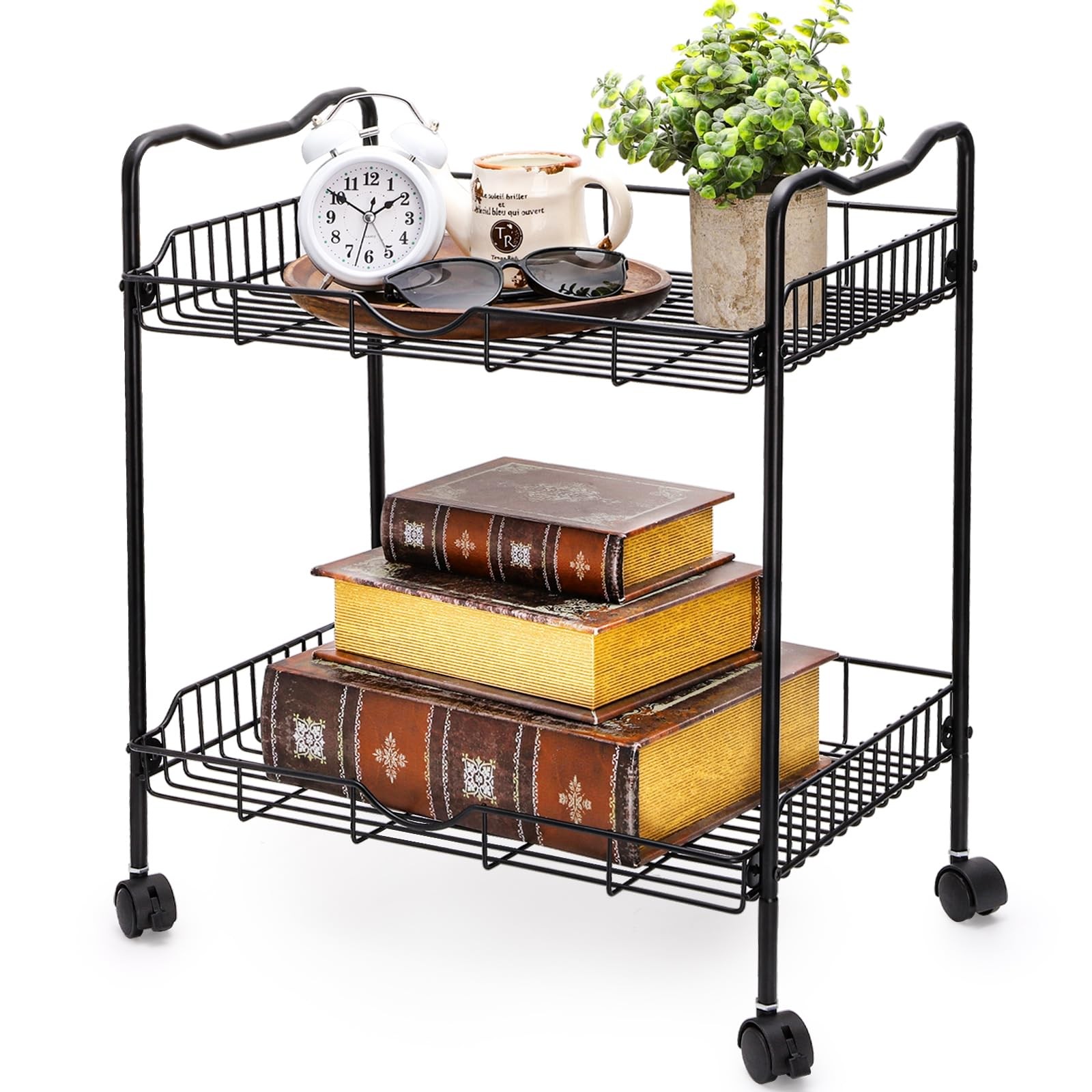 Rolling Utility Cart for Small Space, 2 Tier Rolling Cart with Locking Wheels...