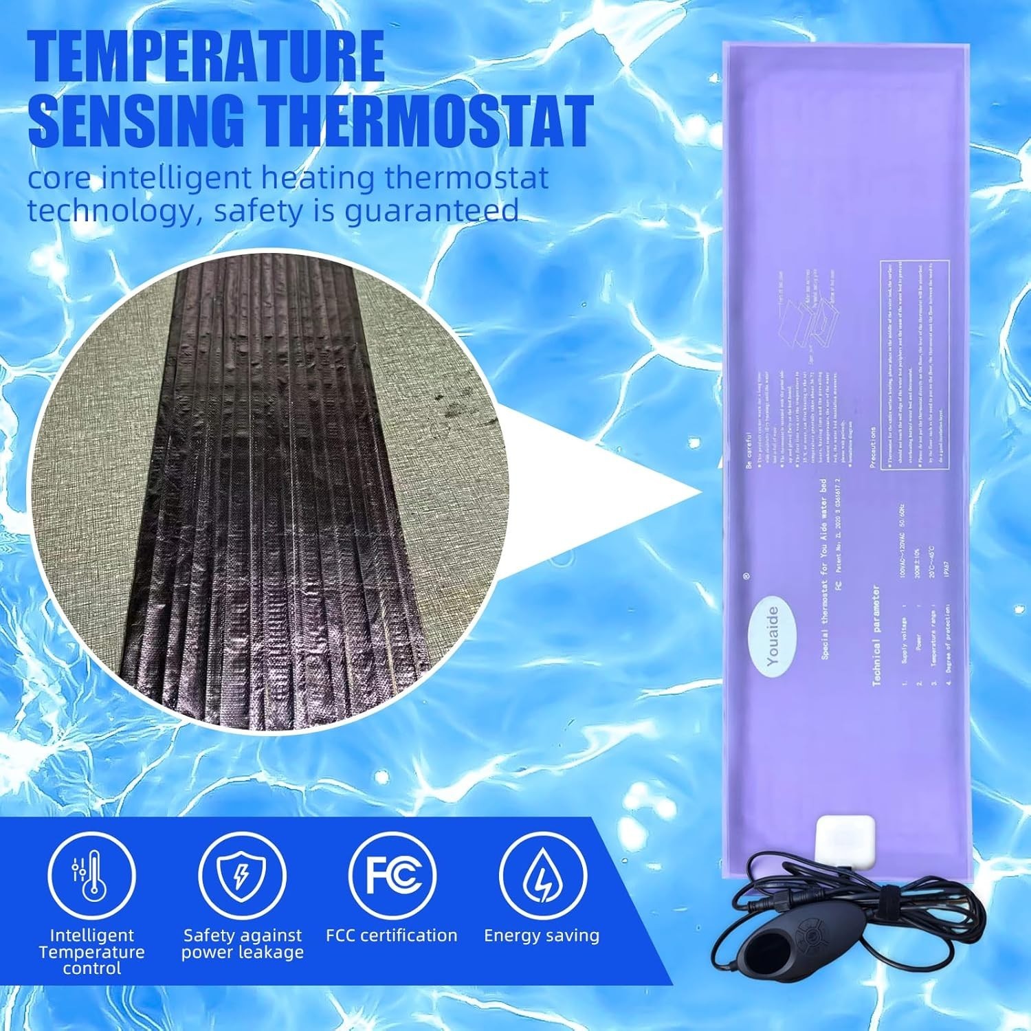 Smart Waterbed Heater with LED Digital Controller, 250W Waterbed Heating Pad
