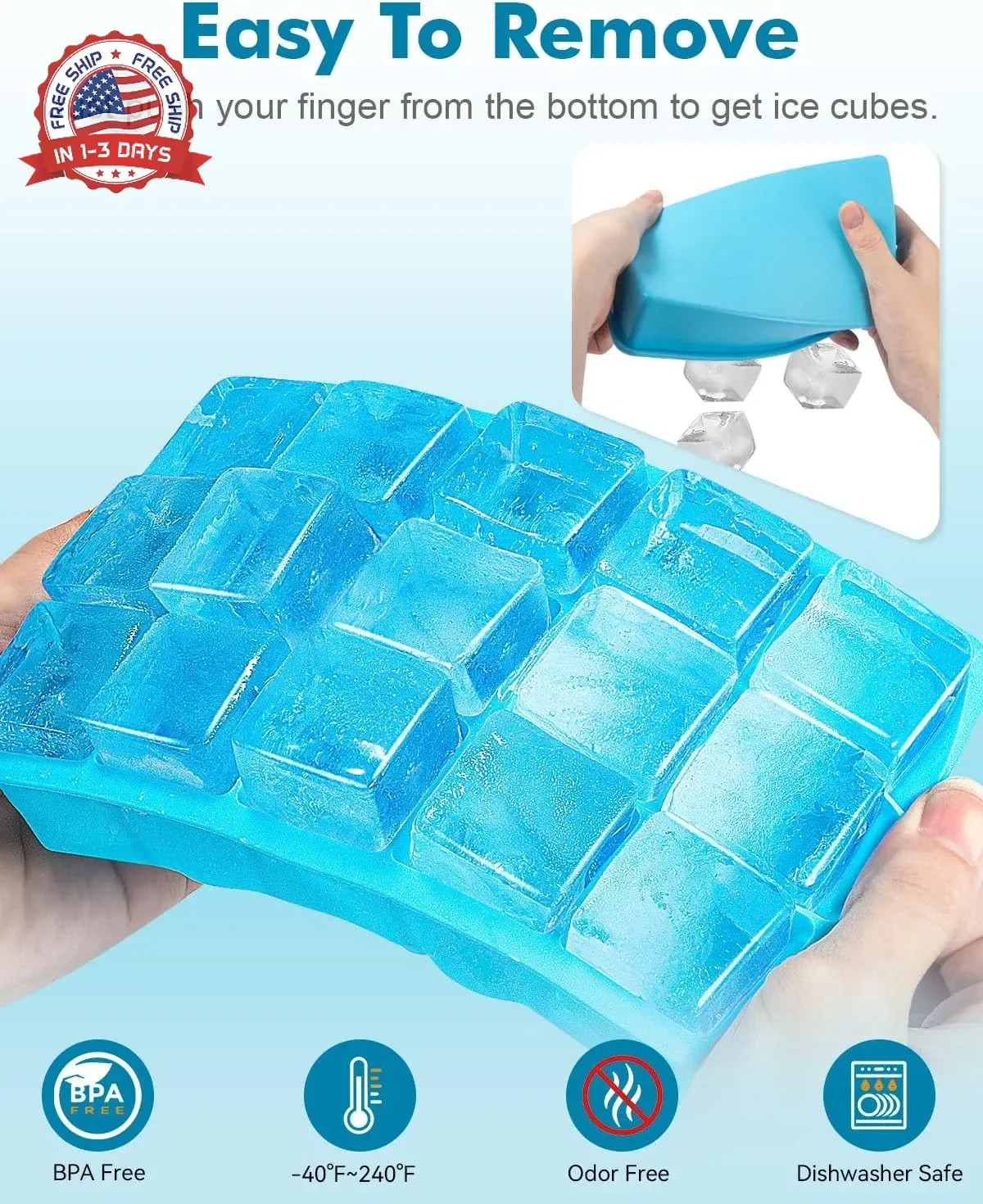 2 Pack Ice Cube Trays, ZDPMK Silicone Easy Release Flexible Molds 15 Ice Cubes T