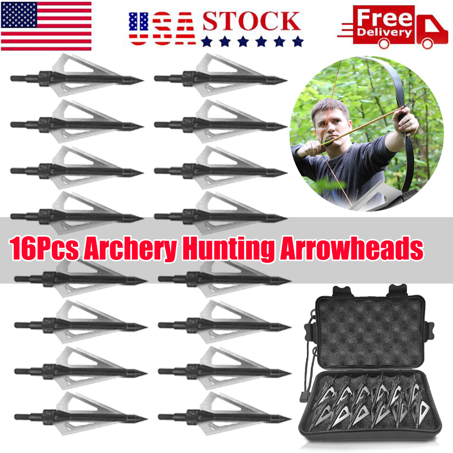 16PCS Archery Broadheads Hunting Archery 100 Grains3 Blades Hunting Heads Tips