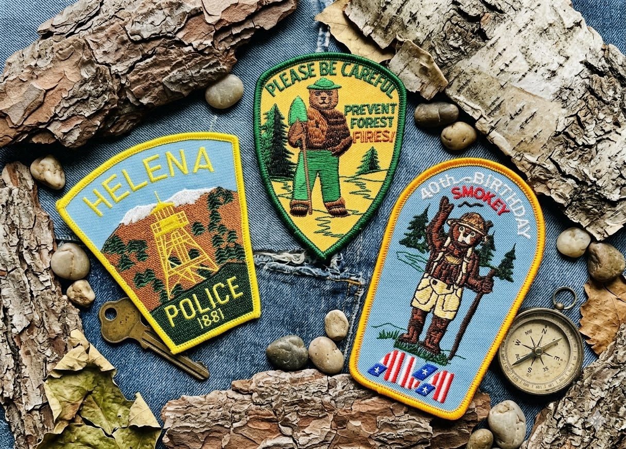 VTG Smokey Bear & Helena MT Police Patch Lot Vintage 40th Birthday Prevent Fire