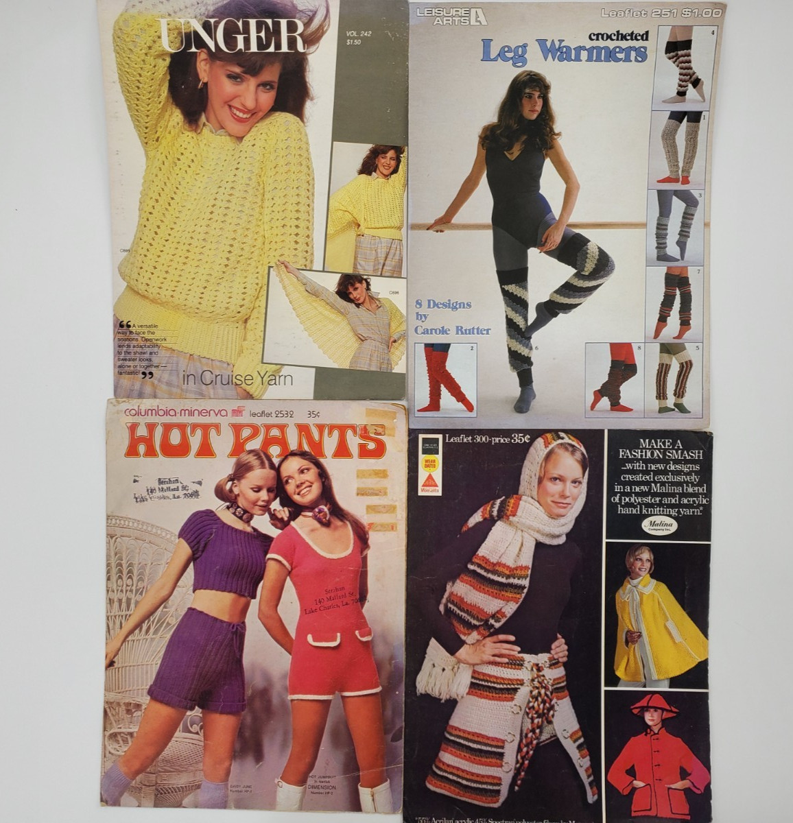 4X Vintage 90's Crochet Booklets Leg Warmers Hot Pants Sweater Cape Scarfs Lot A