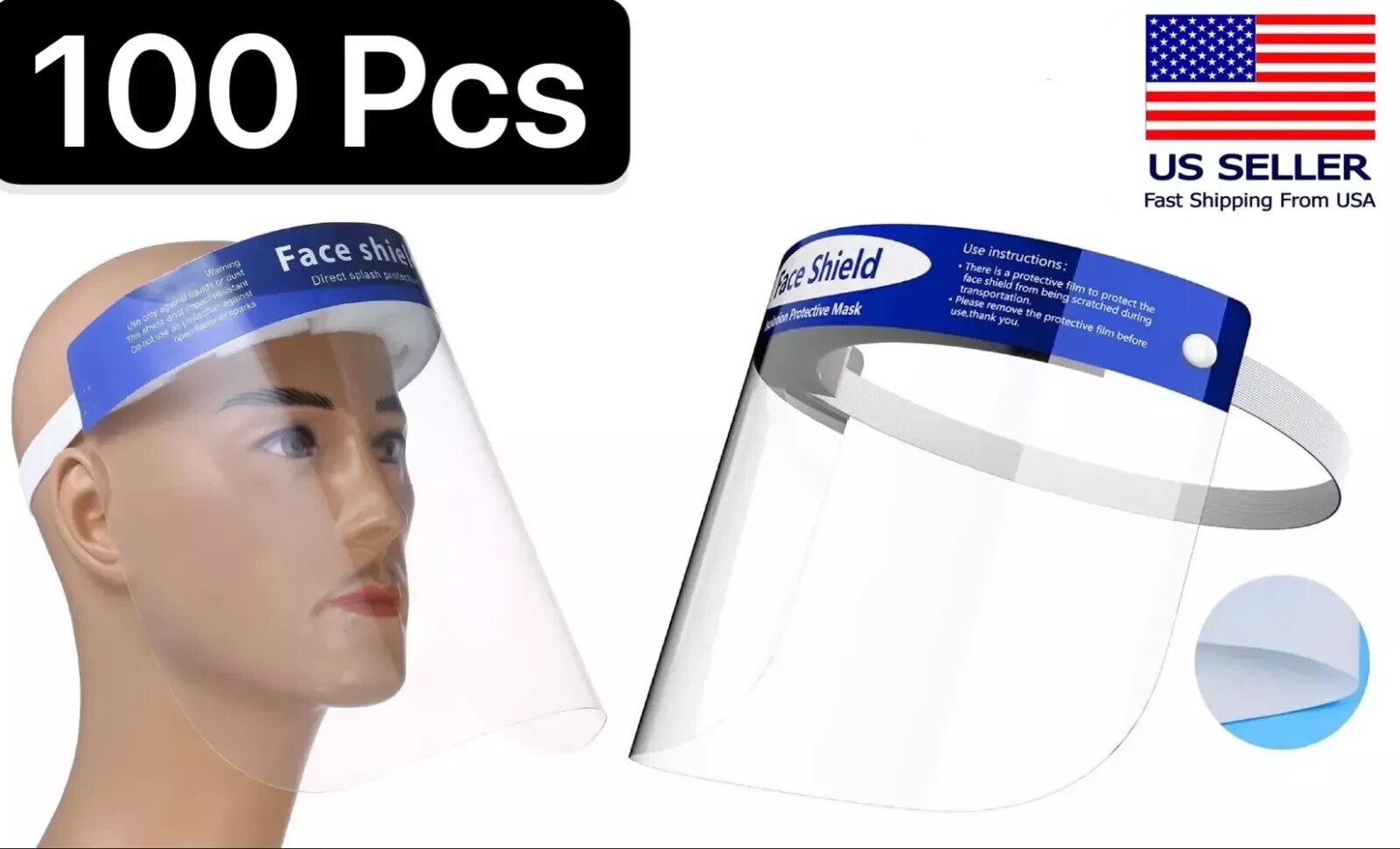100 PCS Safety Full Face Shield Reusable Washable Protection Cover Face Mask LOT