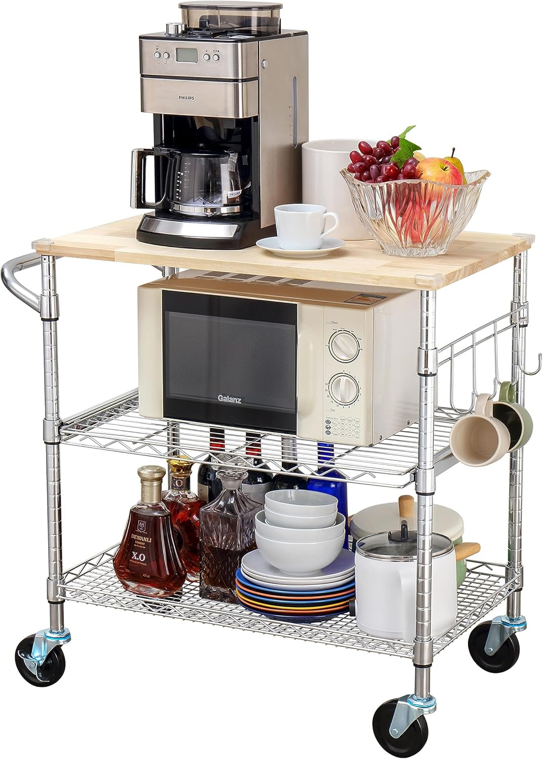 Rolling Kitchen Utility Cart with Storage Shelves, Mobile Microwave Stand on Whe