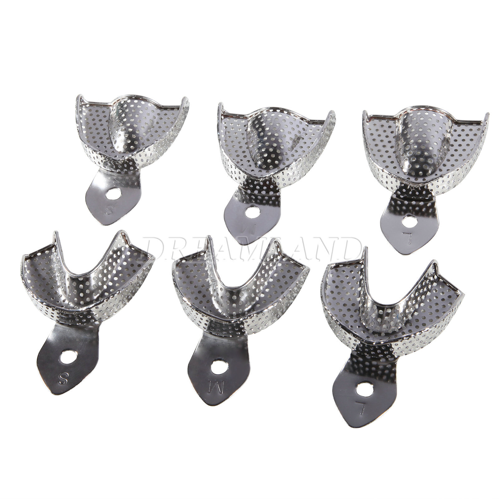 6 Metal Dental Impression Trays set Perforated Upper + Lower Denture Instruments