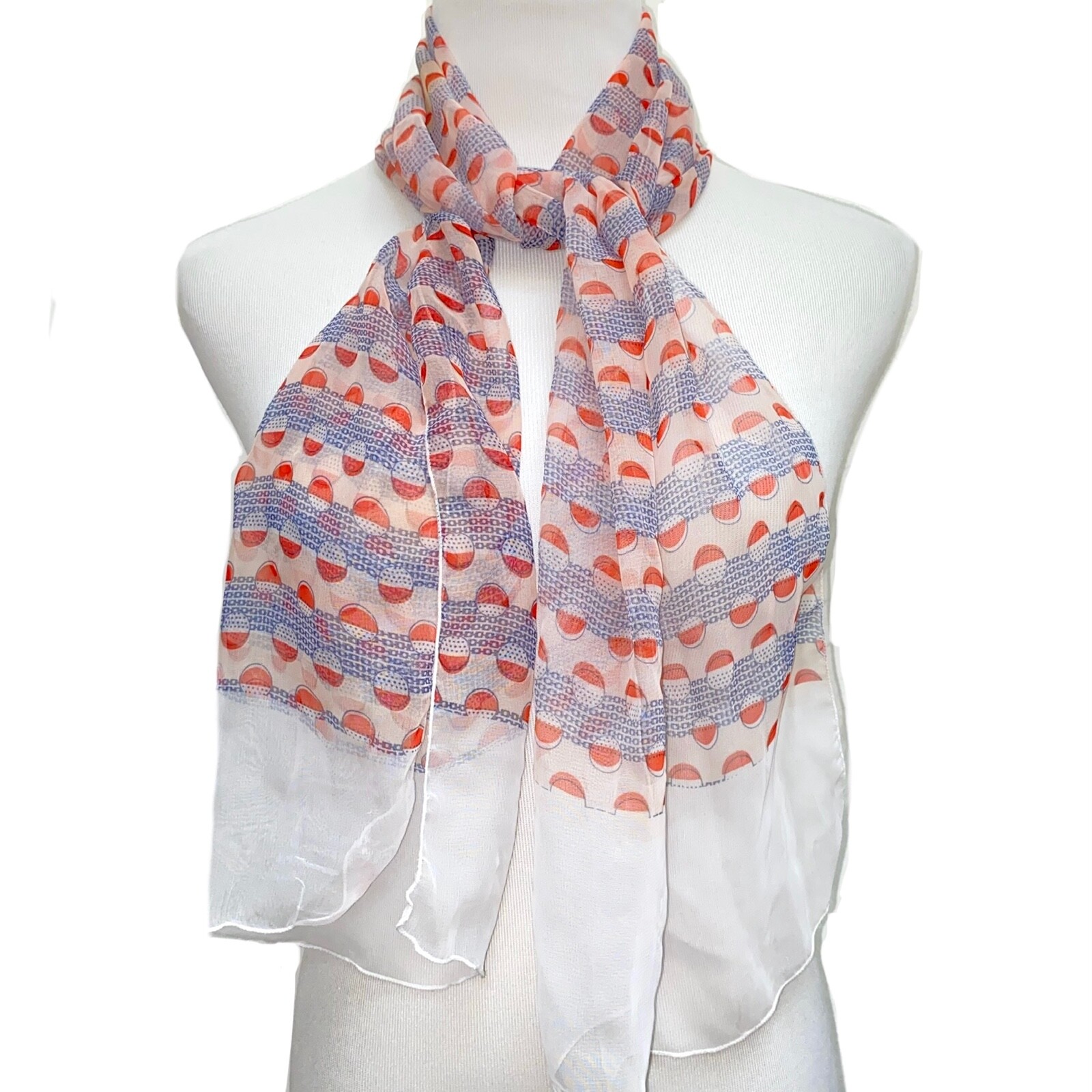 Vtg Sheer Scarf Quaint Geometric Flaws Blue Red Neck Hair Accessory Polyester