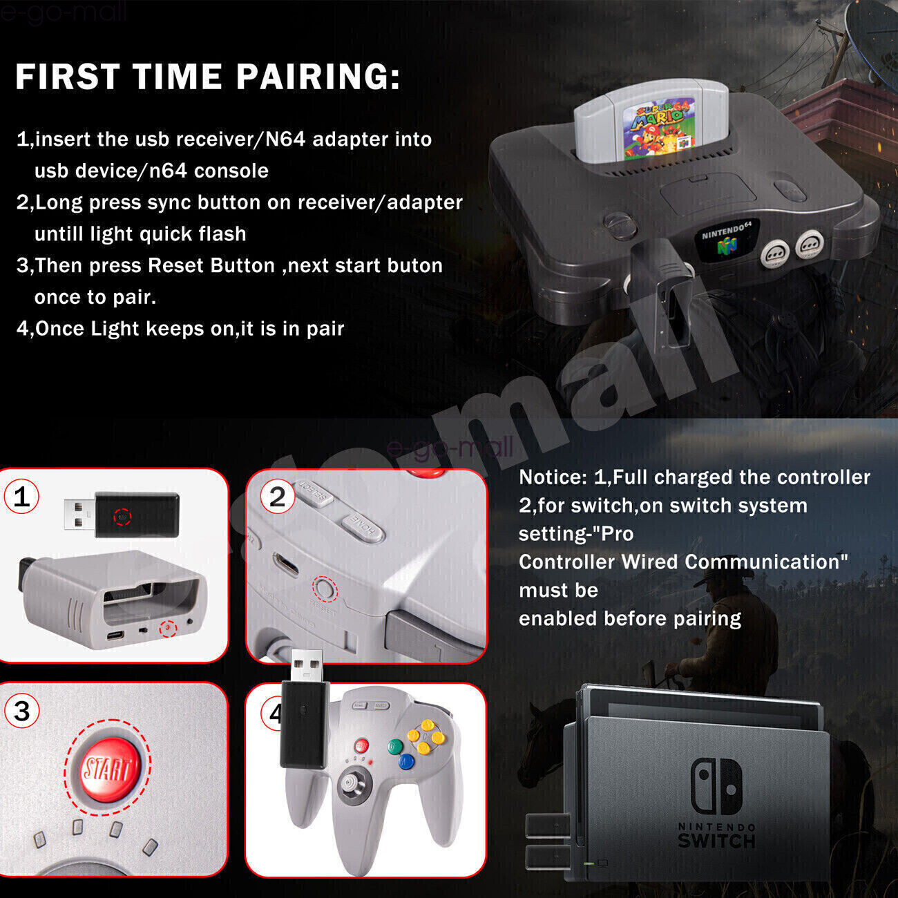 2.4G Wireless Switch Controller for Nintendo 64/Switch/PC Mac Window Rumble Pak