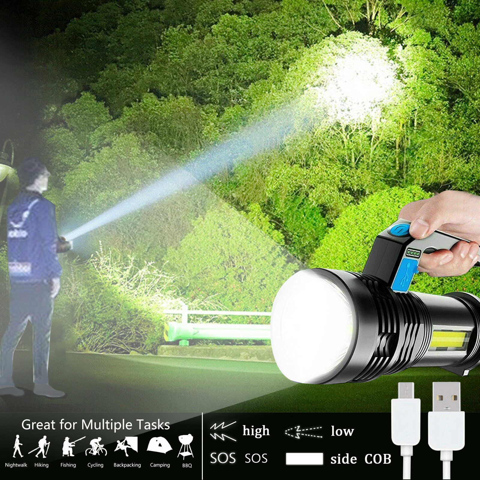 High Powered Ultra Bright LED Torch Rechargeable Security Flashlight Side Light
