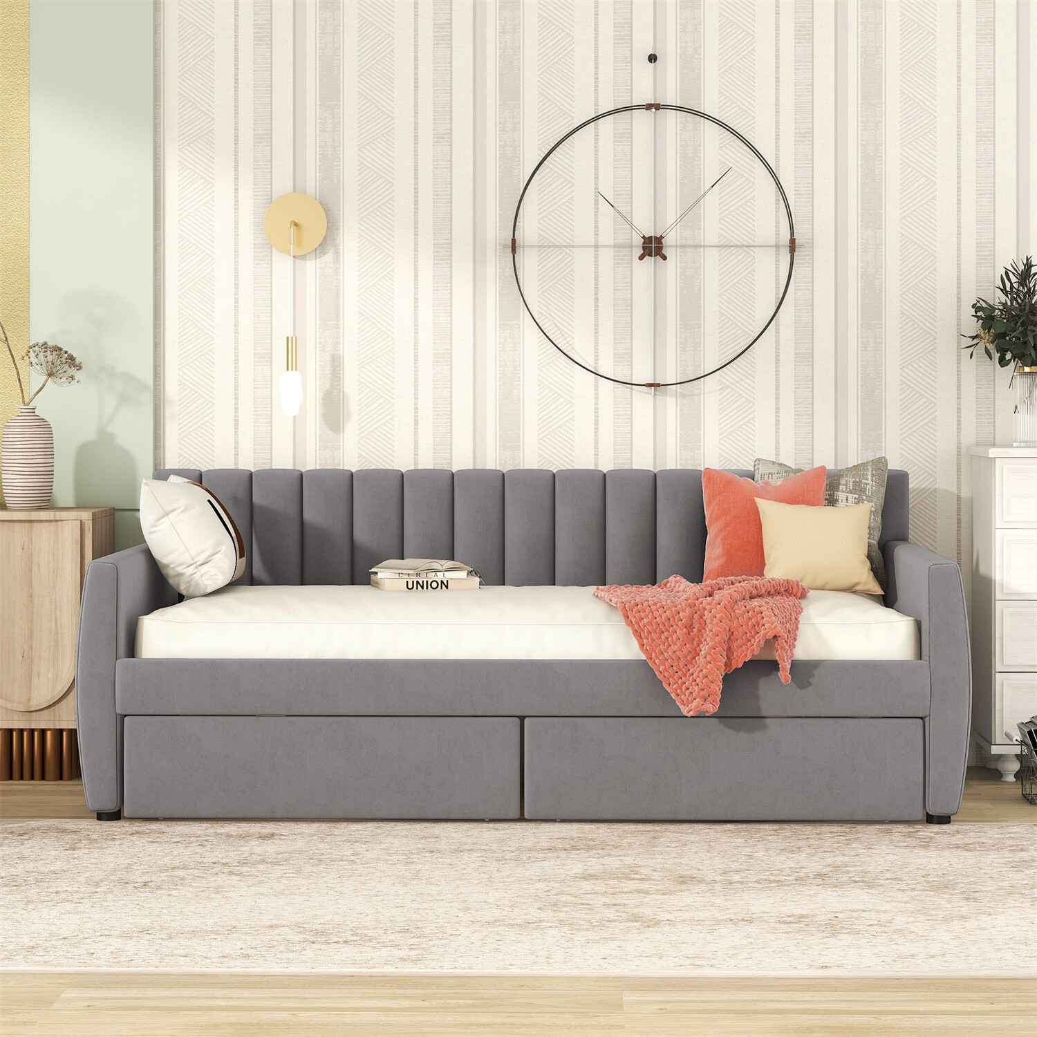 Twin Size Daybed with 2 Drawer Upholstered Bed Frame Sofa Bed w/ Storage Gray