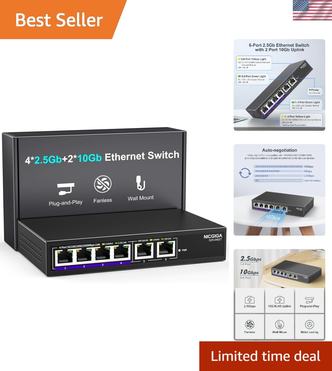10Gbe Ethernet Switch Unmanaged with 2 x 10Gb RJ45 Ports ➕ 4 x 2.5Gb Base-T P...