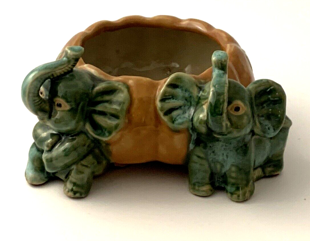 Majolica Elephant Planter Bowl Lucky Trunks Up Two Baby Elephants 6.5" wide