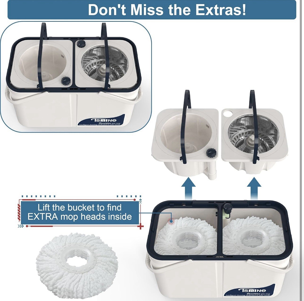 SPIN MOP W/ 6 MOP HEADS & STAINLESS STEEL METAL WRINGER 2 TANK SYSTEM