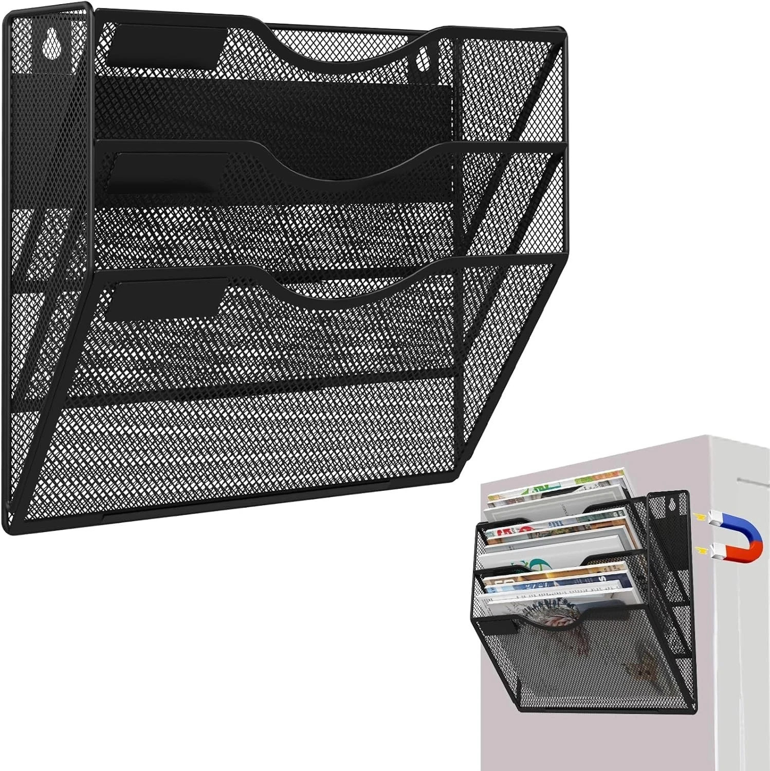 3-Tier Magnetic File Holder, No Drilling Installation File Cabinet Organizer, Bl