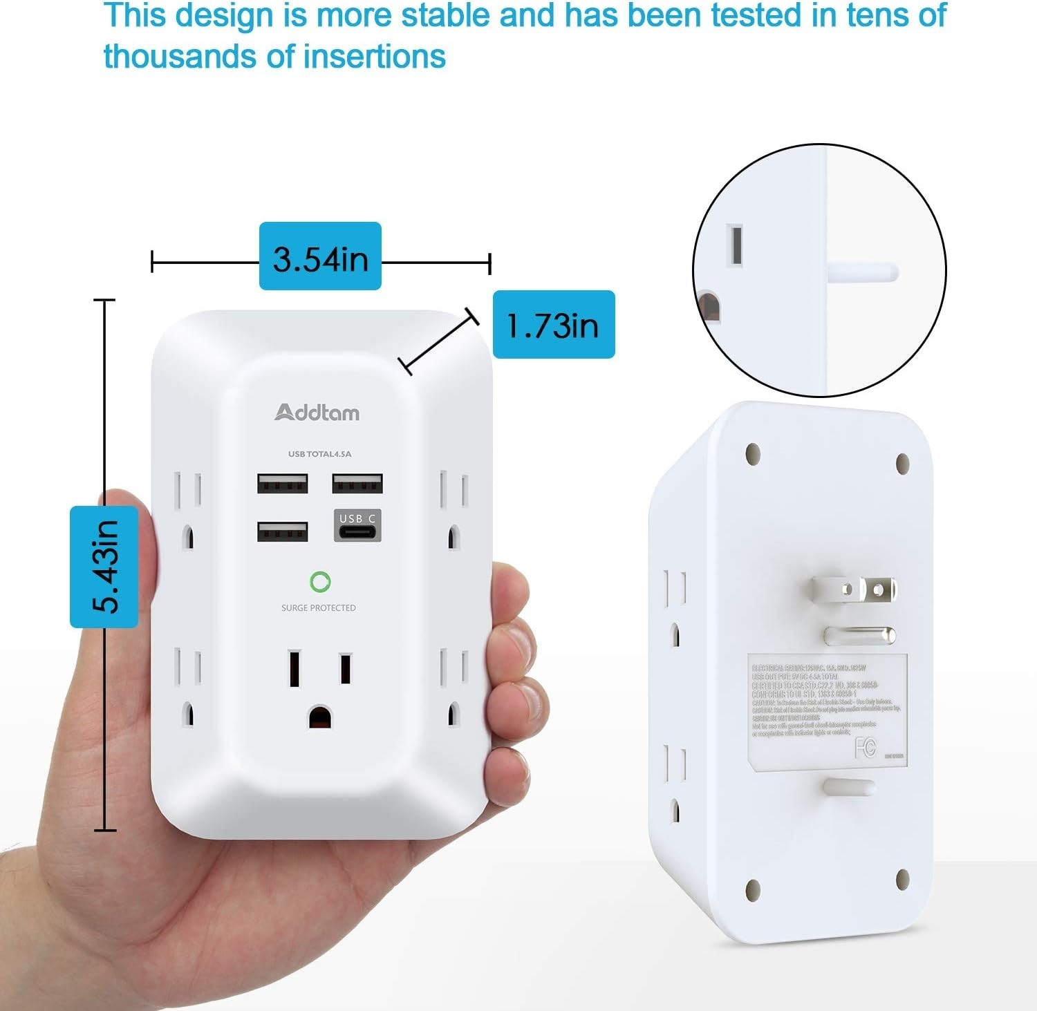 Compact 5-Outlet USB Wall Charger with 1800J Surge Protection for Travel & Home