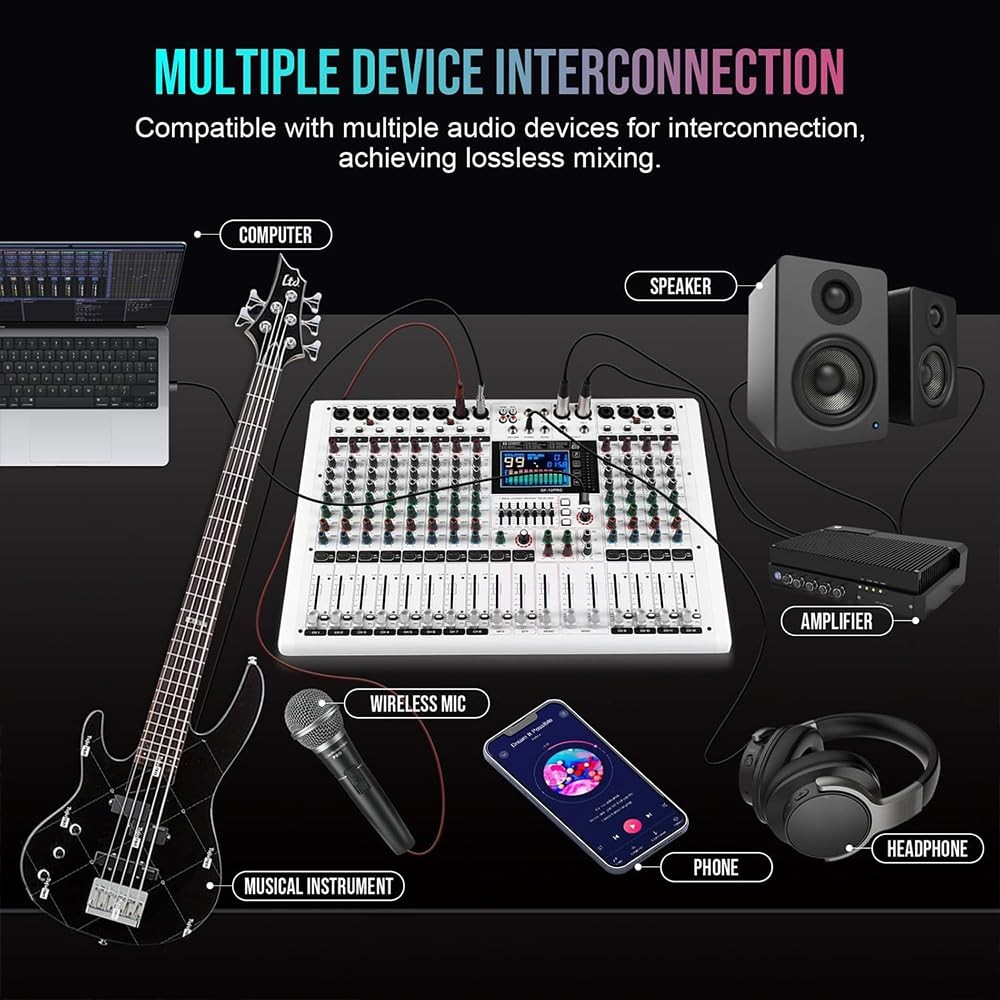 Yamnweo GF12 PRO Multi-Function 12-Channel Audio Mixer Large LCD Color...