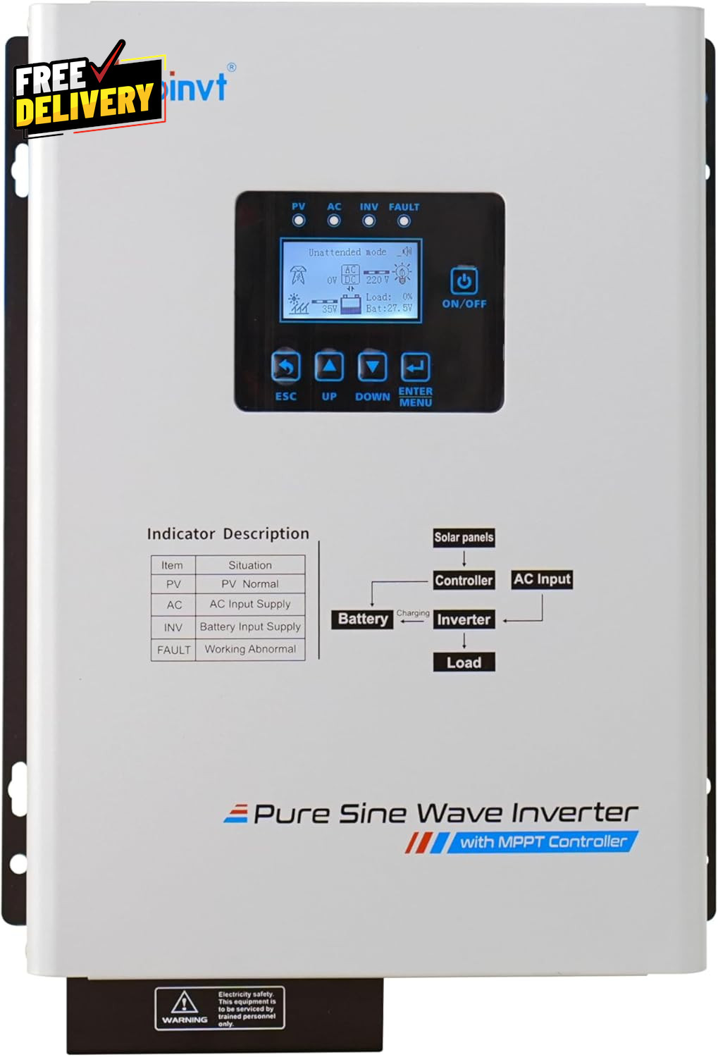1000W Low Frequency Pure Sine Wave Solar Inverter 12V DC to 120V AC with 30A M..