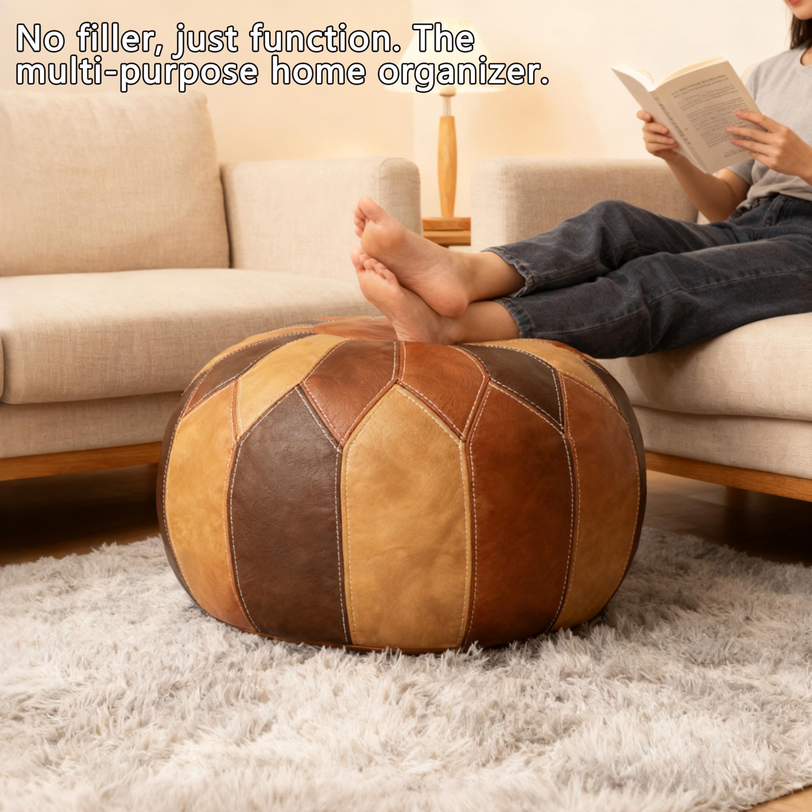 Thgonwid Unstuffed Moroccan Faux Leather Pouf Ottoman with Storage - Handmade Bo