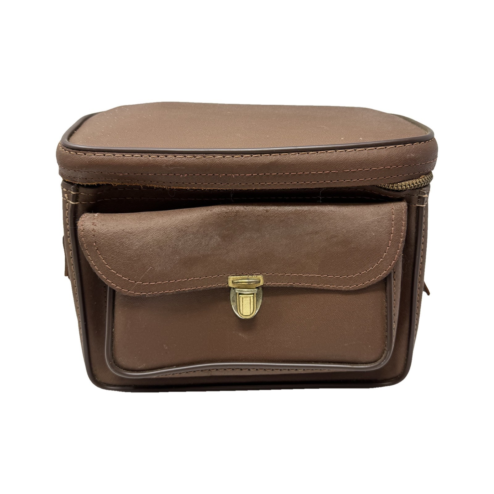 Vintage Brown Leather Camera Case Hard Box Style Brass Latch Front Pocket USA