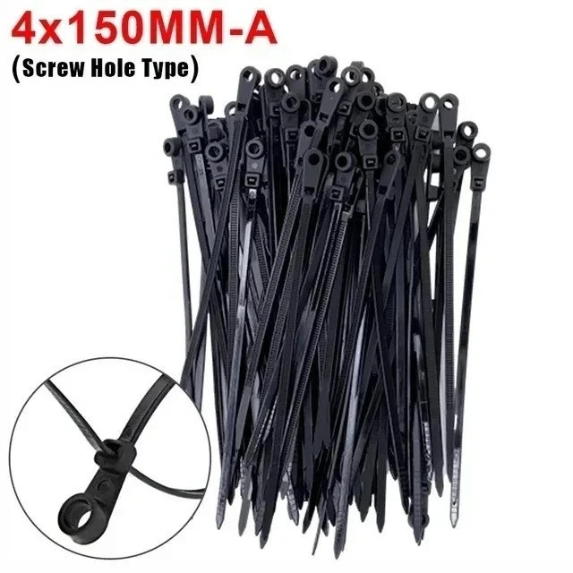 100PCS Nylon Cable Ties Screw Hole Mount Self Locking Wire Zip Ties Black Kit