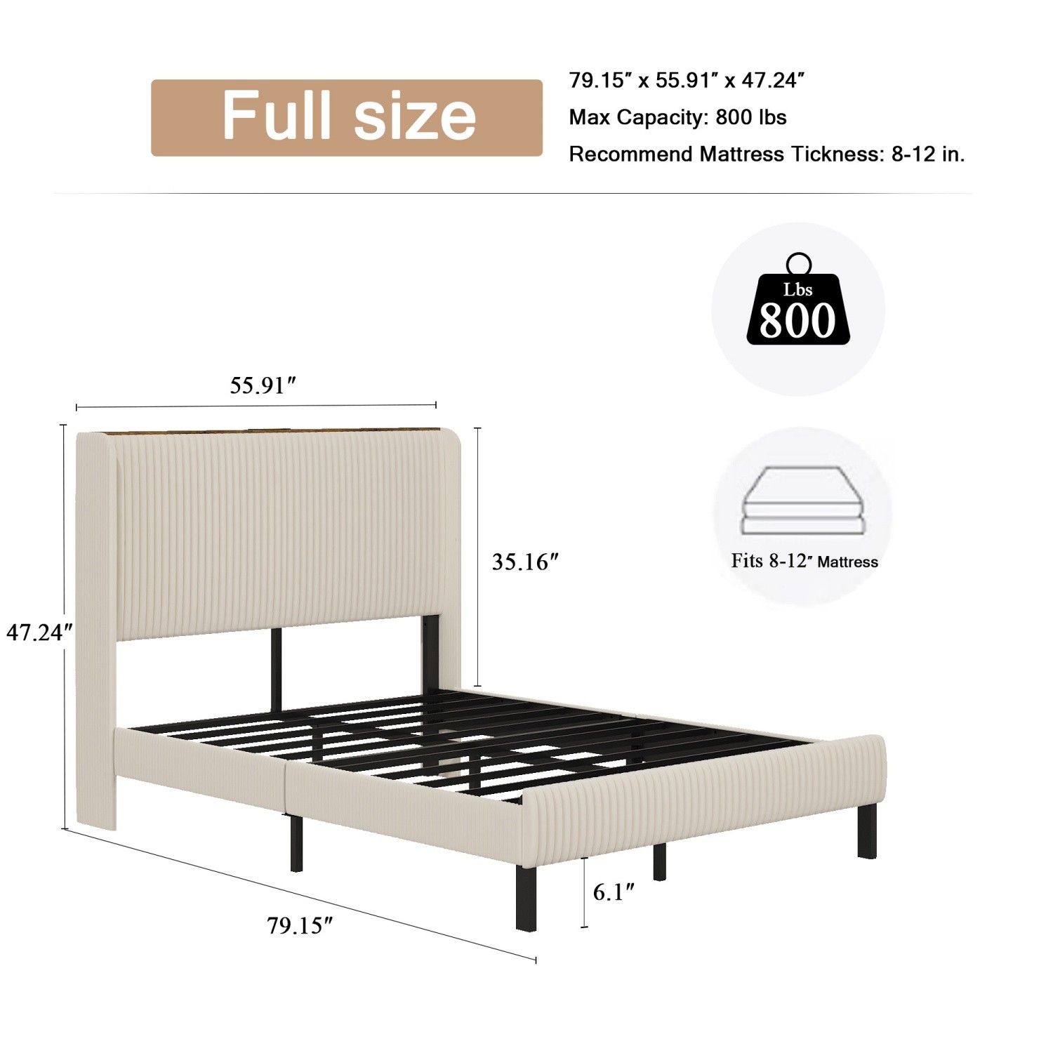 Full/Queen/King Size Bed Frame Metal Platform Bed with Headboard & LED Lights