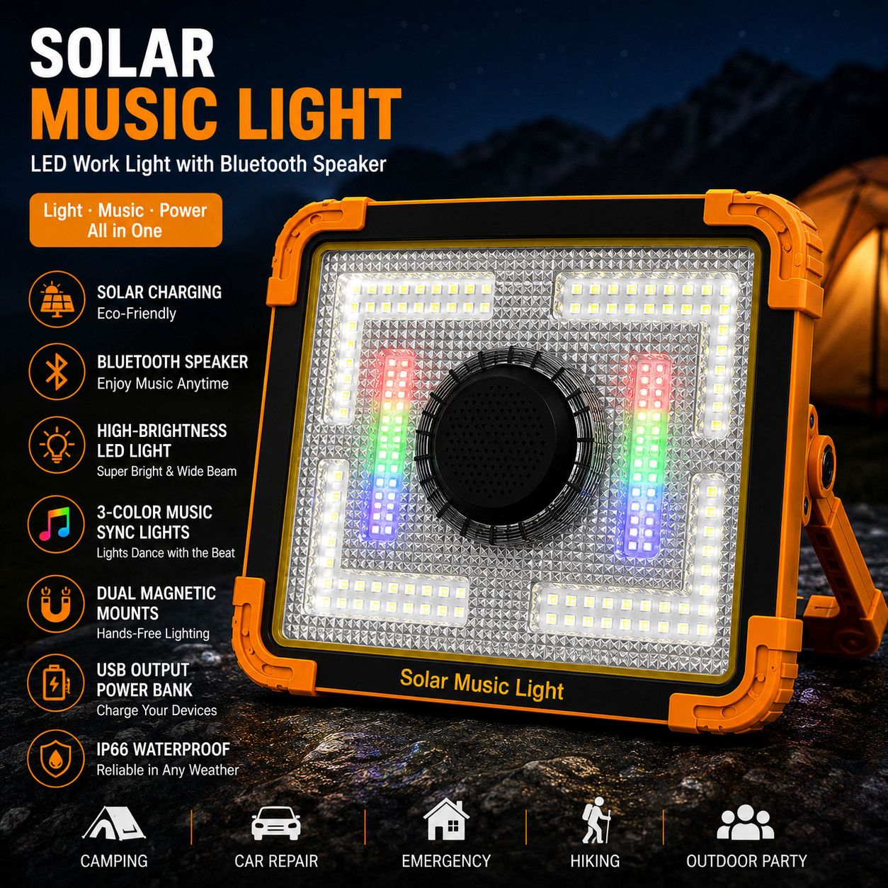 Solar LED Work Light Bluetooth Speaker Music Sync Camping Flood Light Power Bank