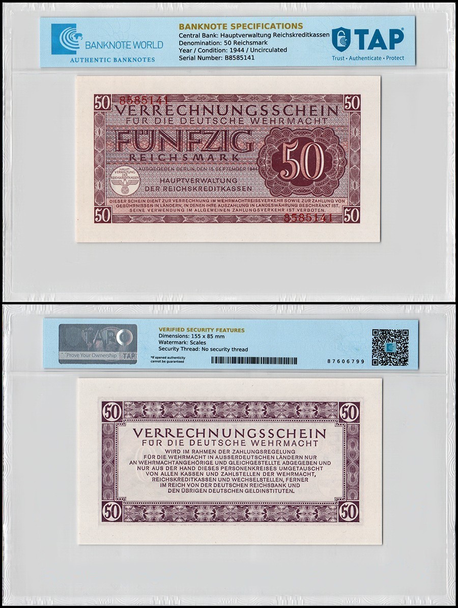 Germany 50 Reichsmark, 1944, P-M41, UNC, TAP Authenticated