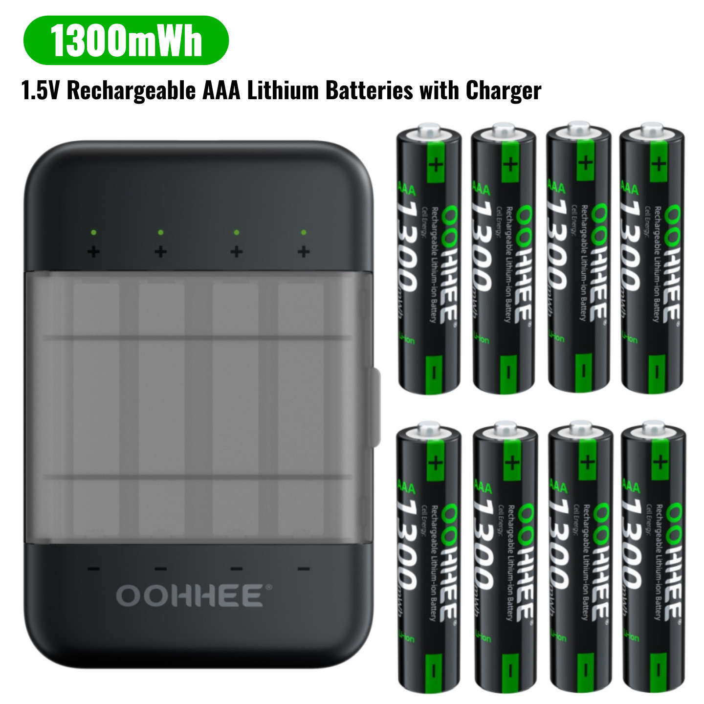 1300mWh 8x AAA Rechargeable Lithium Batteries with OOHHEE Thin Charging Box 1.5V