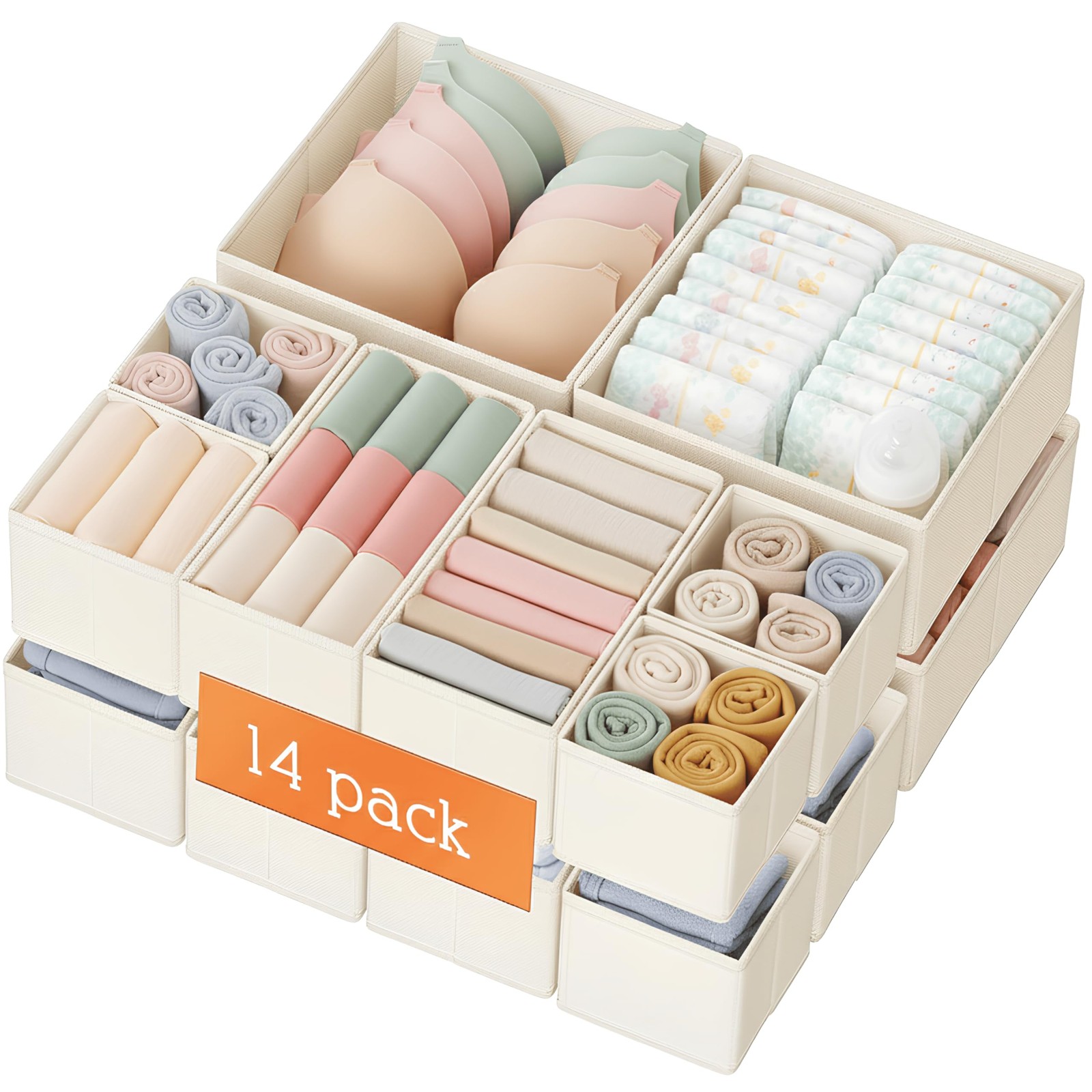 Drawer Organizer Clothes, 14 Pack Dresser Organizer for Baby Clothes, Underwe...