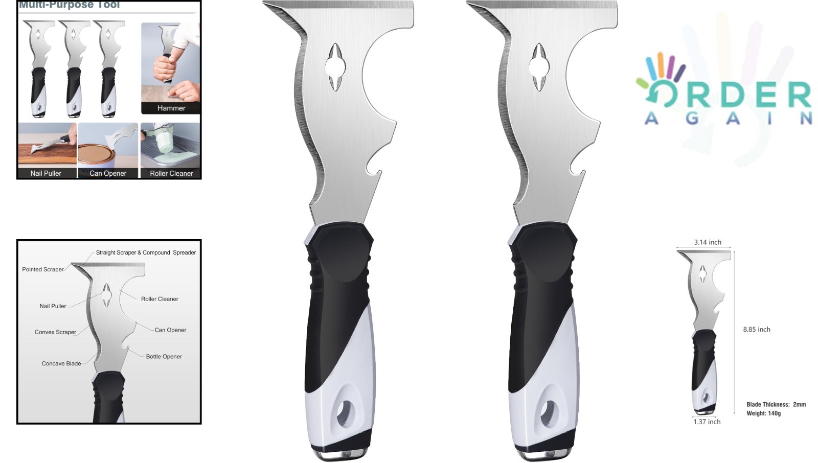 2 Pack 10 in 1 Putty Knife Multi Use Paint Scraper Metal Spackle Tool